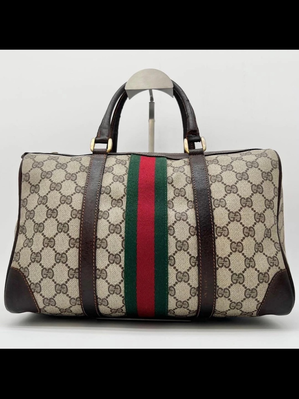 Gucci Brown GG Supreme Duffel with Red and Green Web Stripe